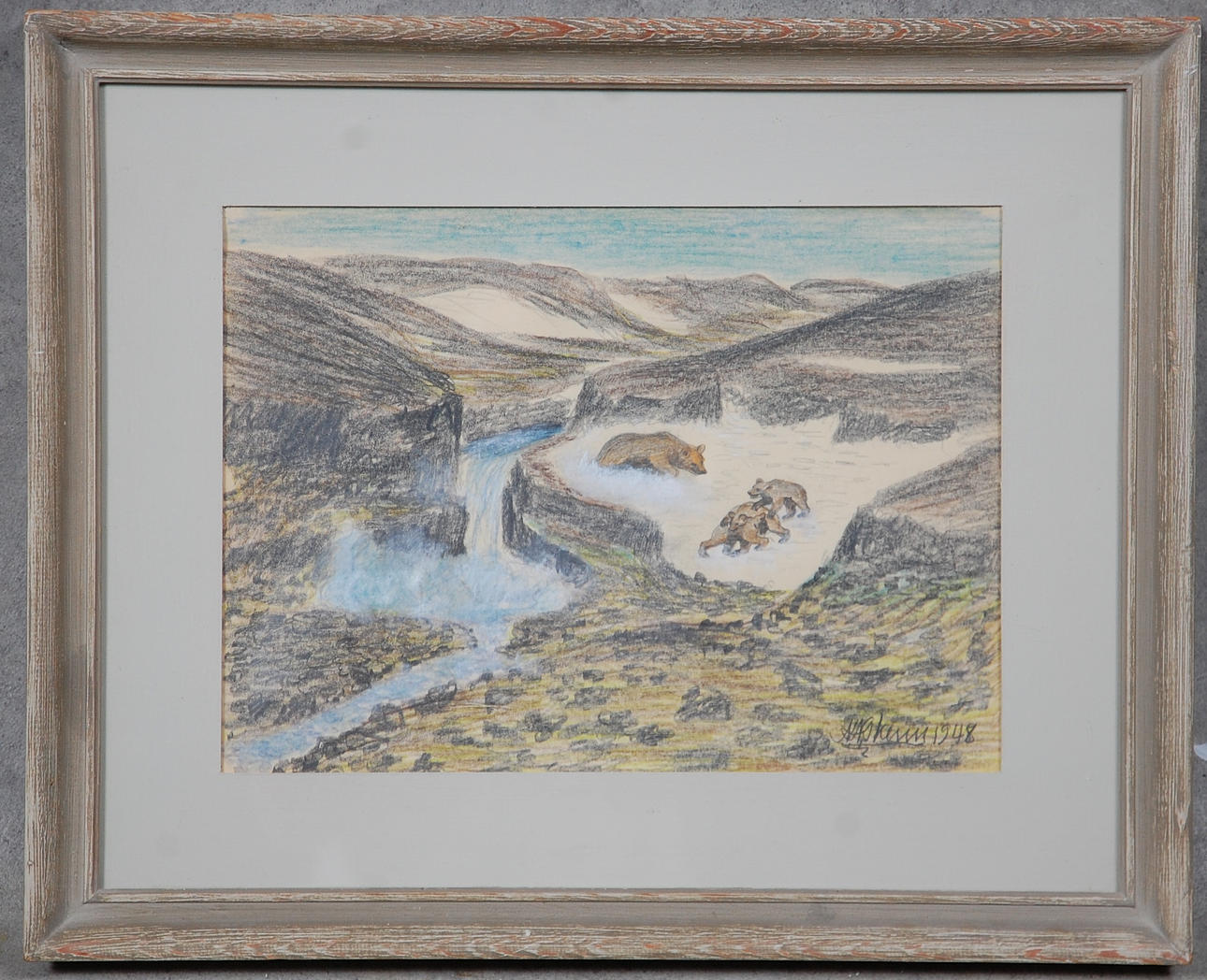 NILS NILSSON SKUM. 1872-1951, " Björnlek " blandteknik, signerad, daterad 48.