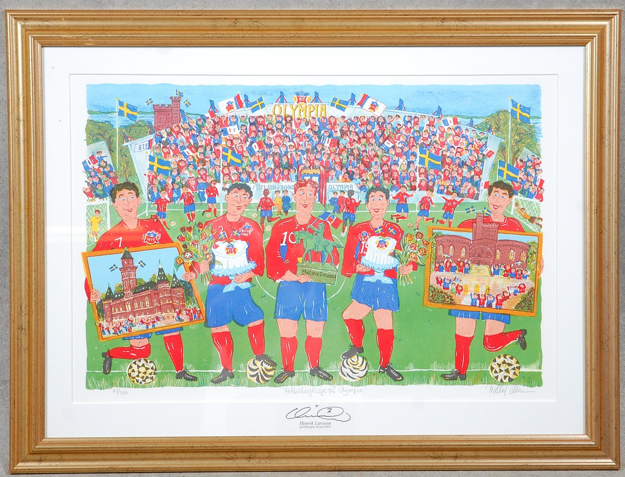 PER-OLOF OLSSON. färglitografi, " Fotbollsglädje på Olympia " signerad, numrerad 63/350, bär även Henke Larssons autograf.