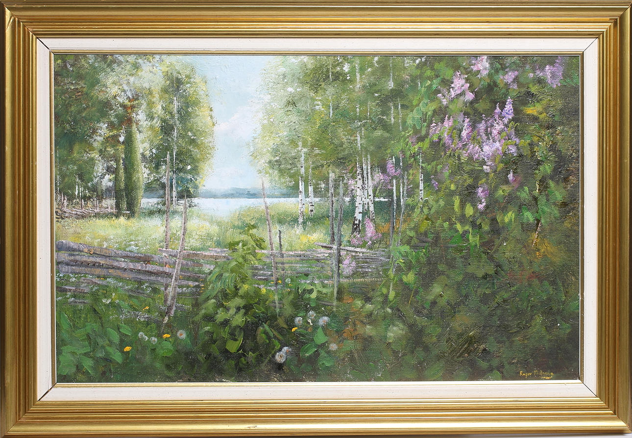 ROGER FÄLLMAN. Sommarhage, olja på duk, signerad.