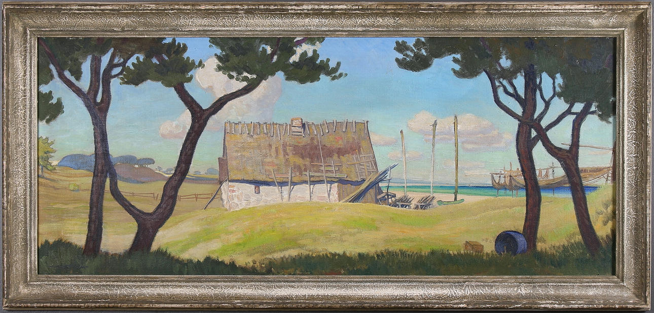 STURE WIKSTRÖM (1921-1993). "Gamla ålabod, Haväng i Ravlunda, Sköne", olja på pannå, signerad "Wikström" och daterad 1940-45.