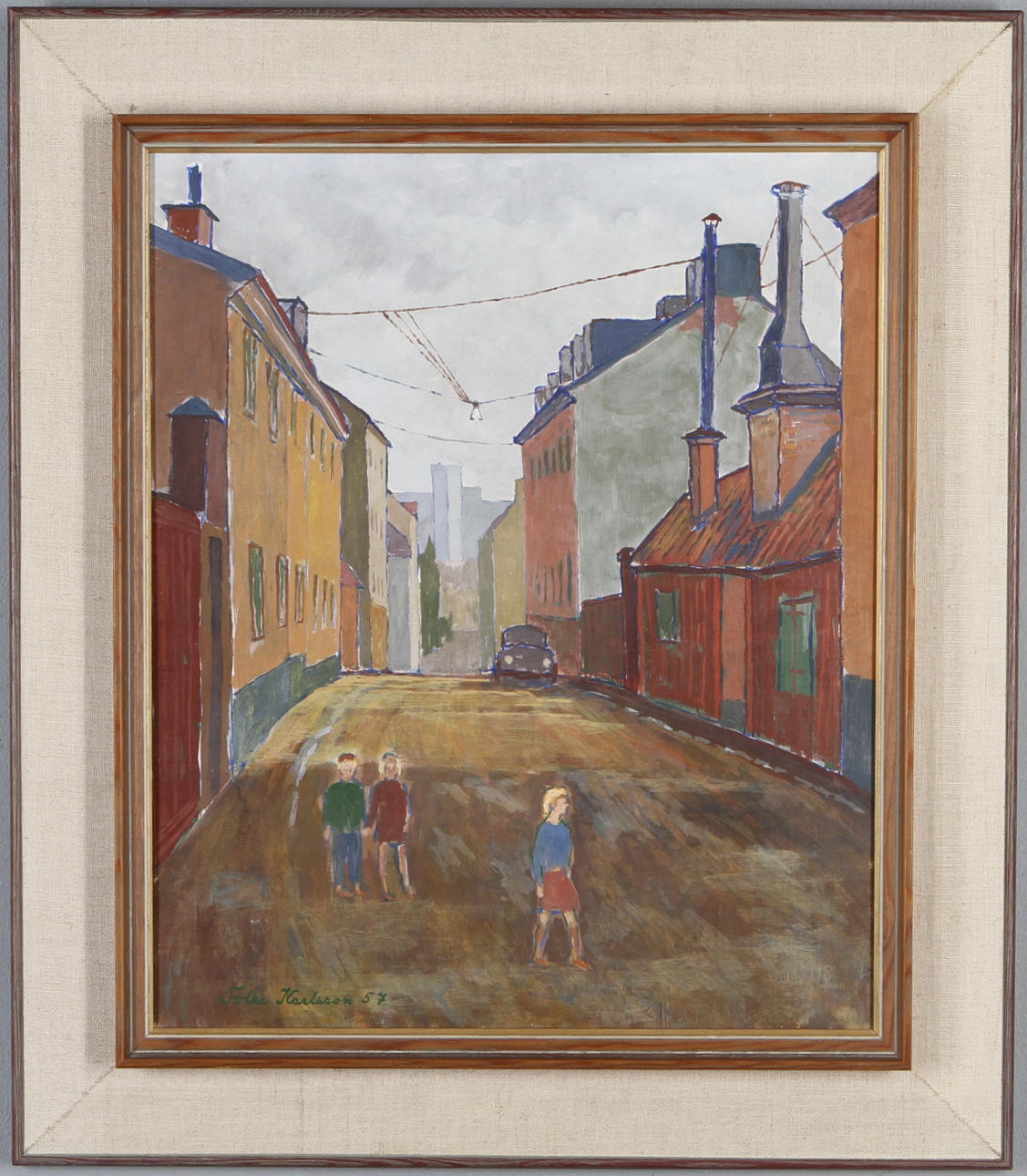 FOLKE KARLSSON. Gatumotiv, olja på pannå, signerad och daterad -57.