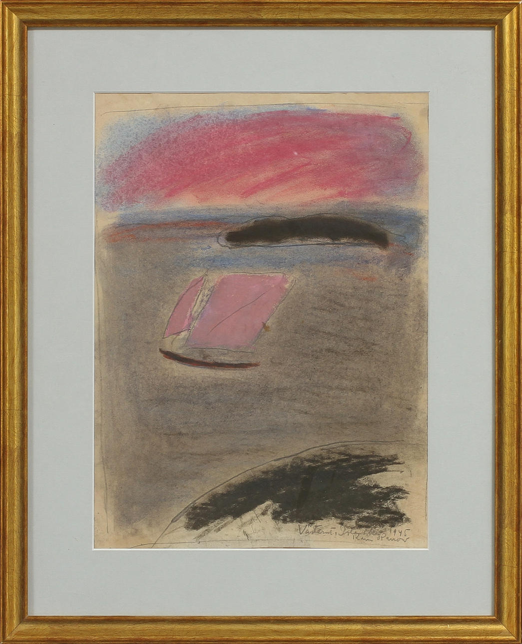 KARIN PARROW. "Västerut Islandsberg". Pastell, signerad samt daterad 1945.