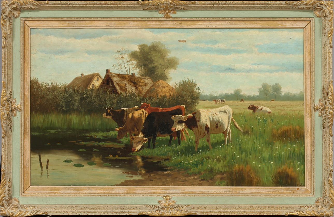 WILLIAM FREDERICK HULK. Landskapsmotiv med kor, Olja på duk, signerad.