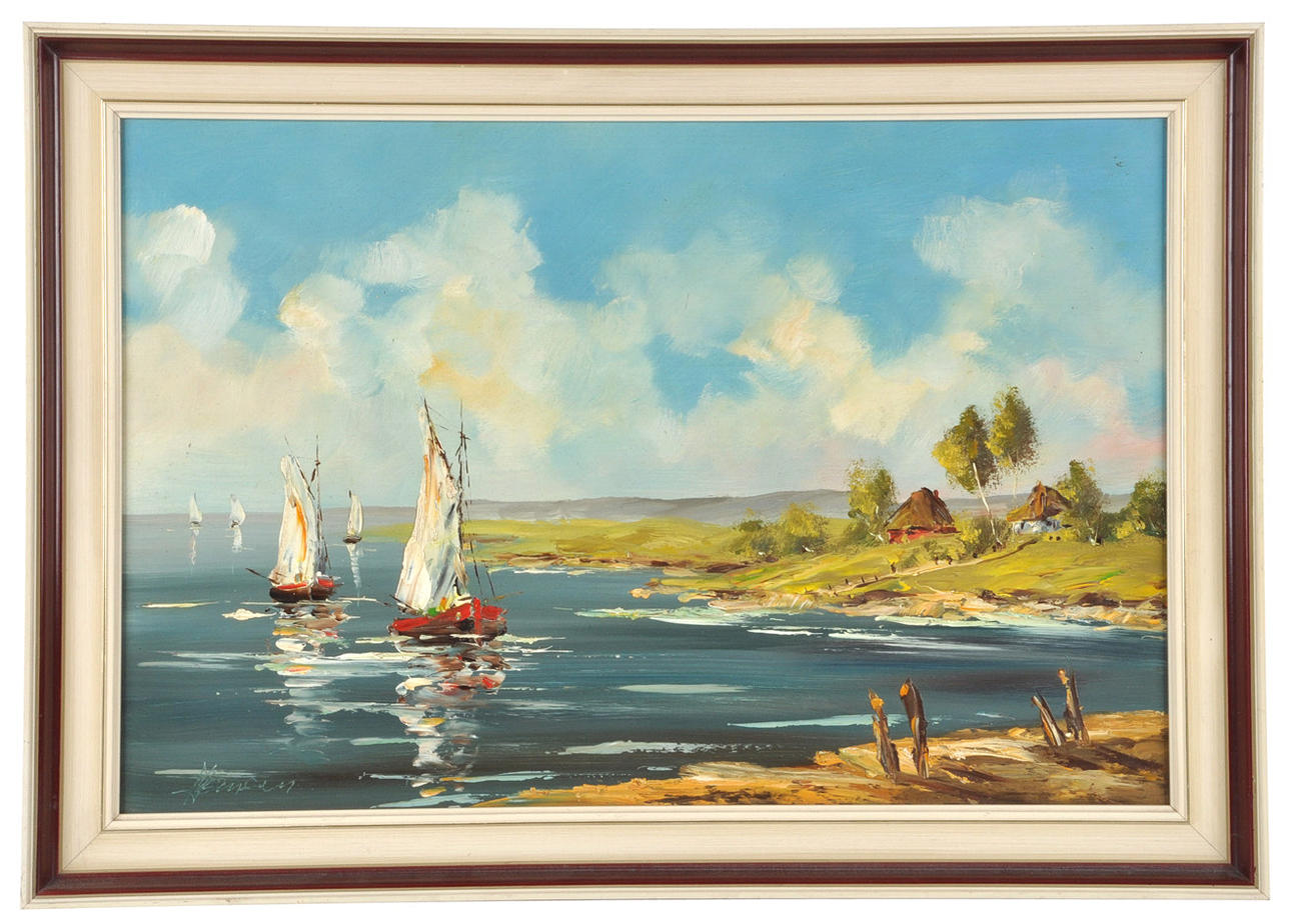 SIGNIERT HANSEN. Flatships och sjömän framför en grön strand.