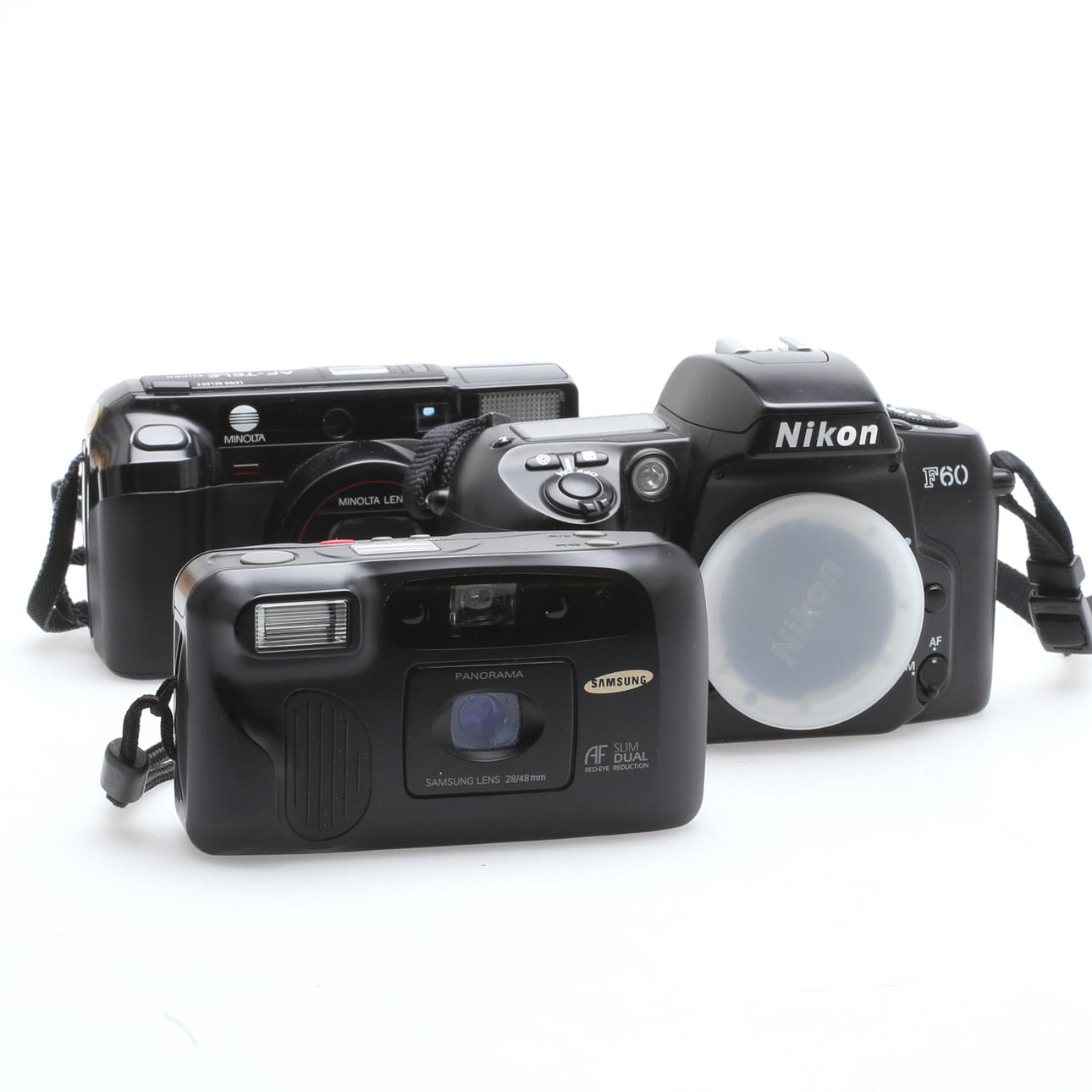 KAMEROR, 3 st, Nikon F60 hus, Minolta, Samsung, 1900-tal.