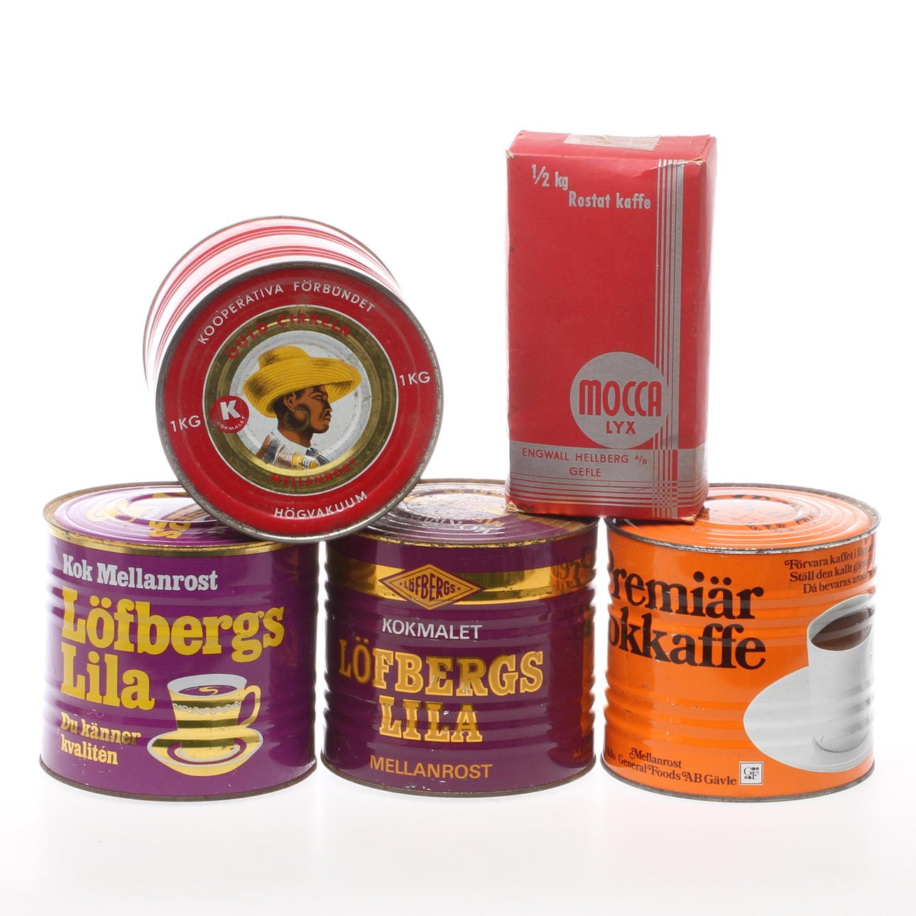 KAFFE, 5 förpackningar/burkar, 1900-tal.