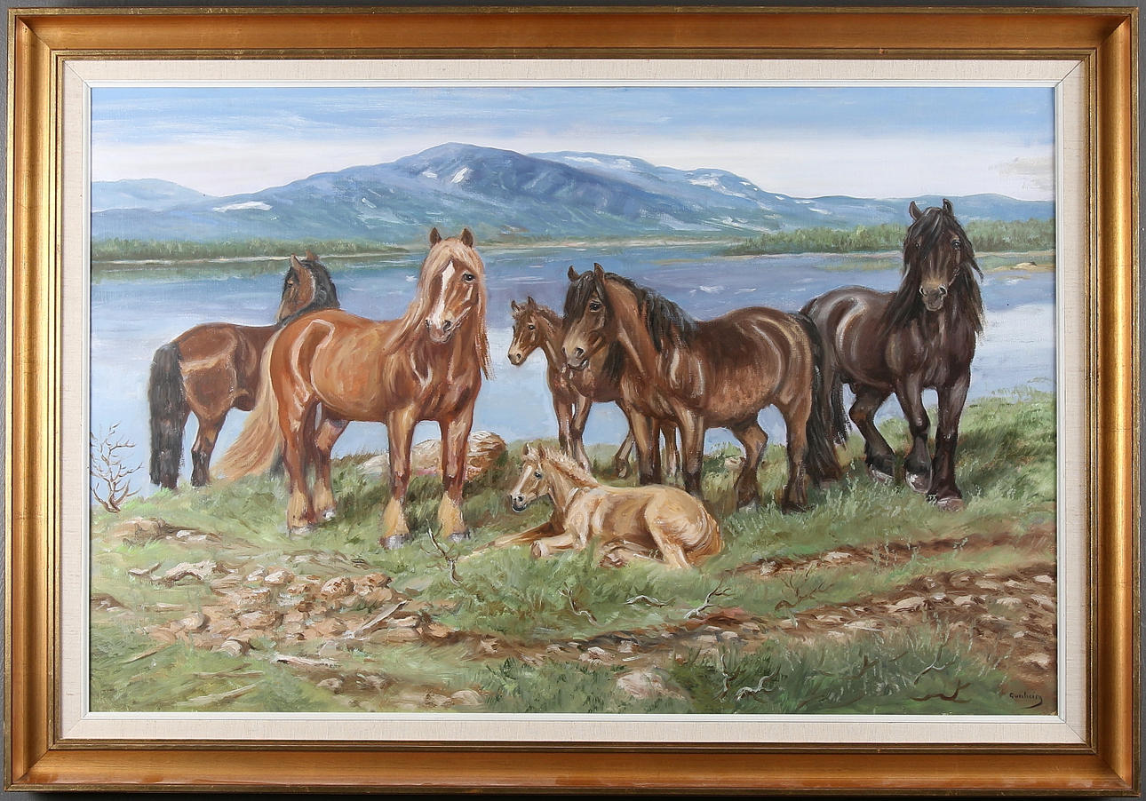 HALVOR GUNHEIM TORSTENSEN. Hästar, olja på duk, signerad.