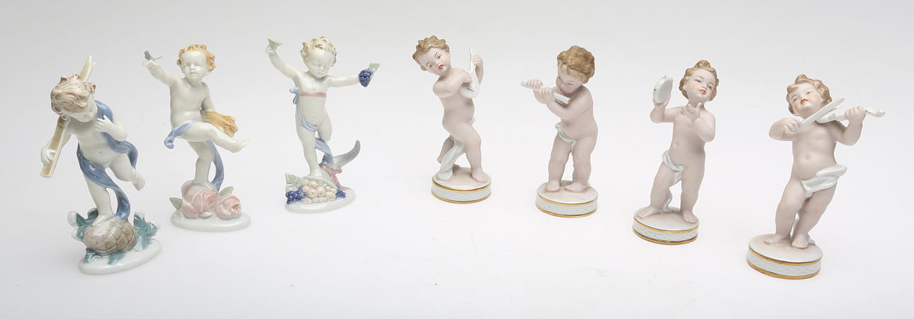 FIGURINER, 7 st, porslin, Schaubach kunst, Tyskland.