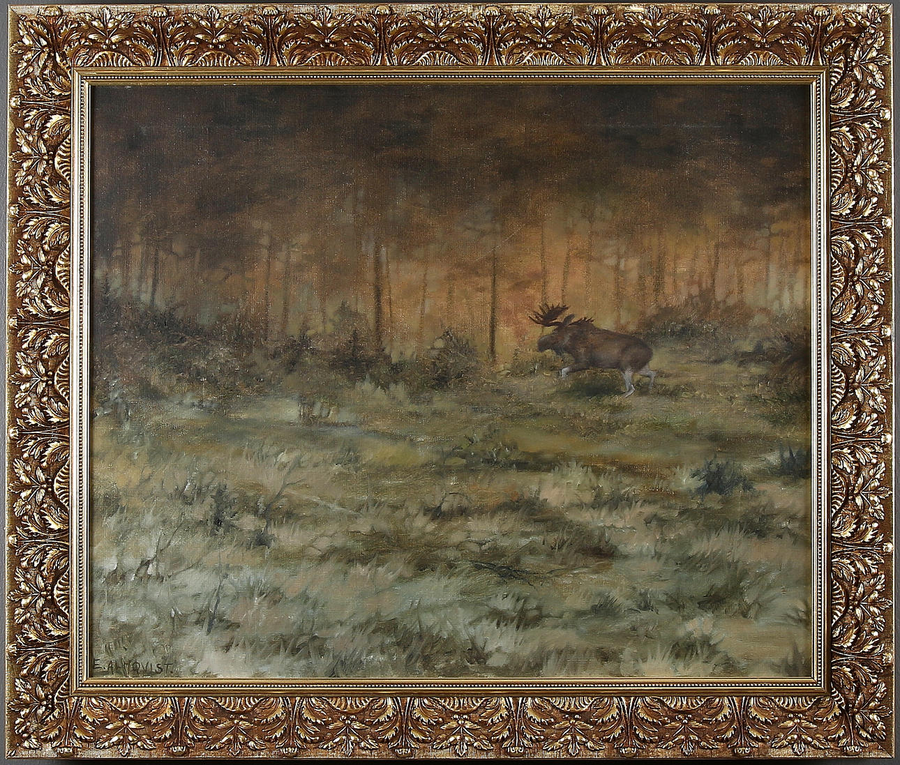 ESTER ALMQVIST. TILLSKRIVEN. "Flyende älg", signerad E Almqvist.