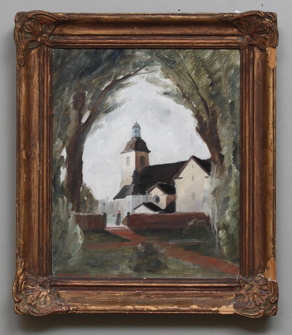 AXEL ANDERSSON. "Vreta kloster kyrka". Olja på duk. Signerad och daterad 1929.