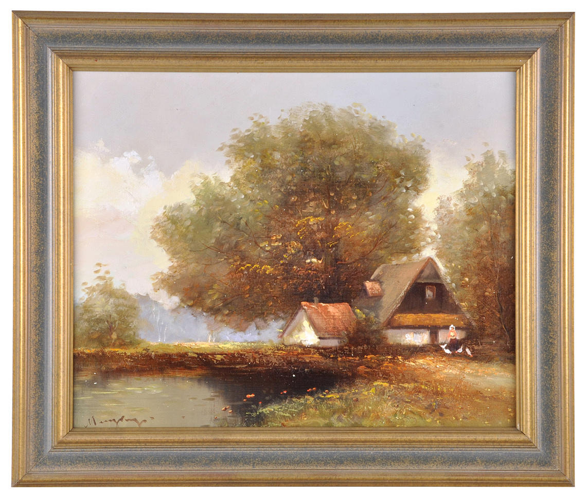 SIGNIERT. Damm med bondgård och piga.