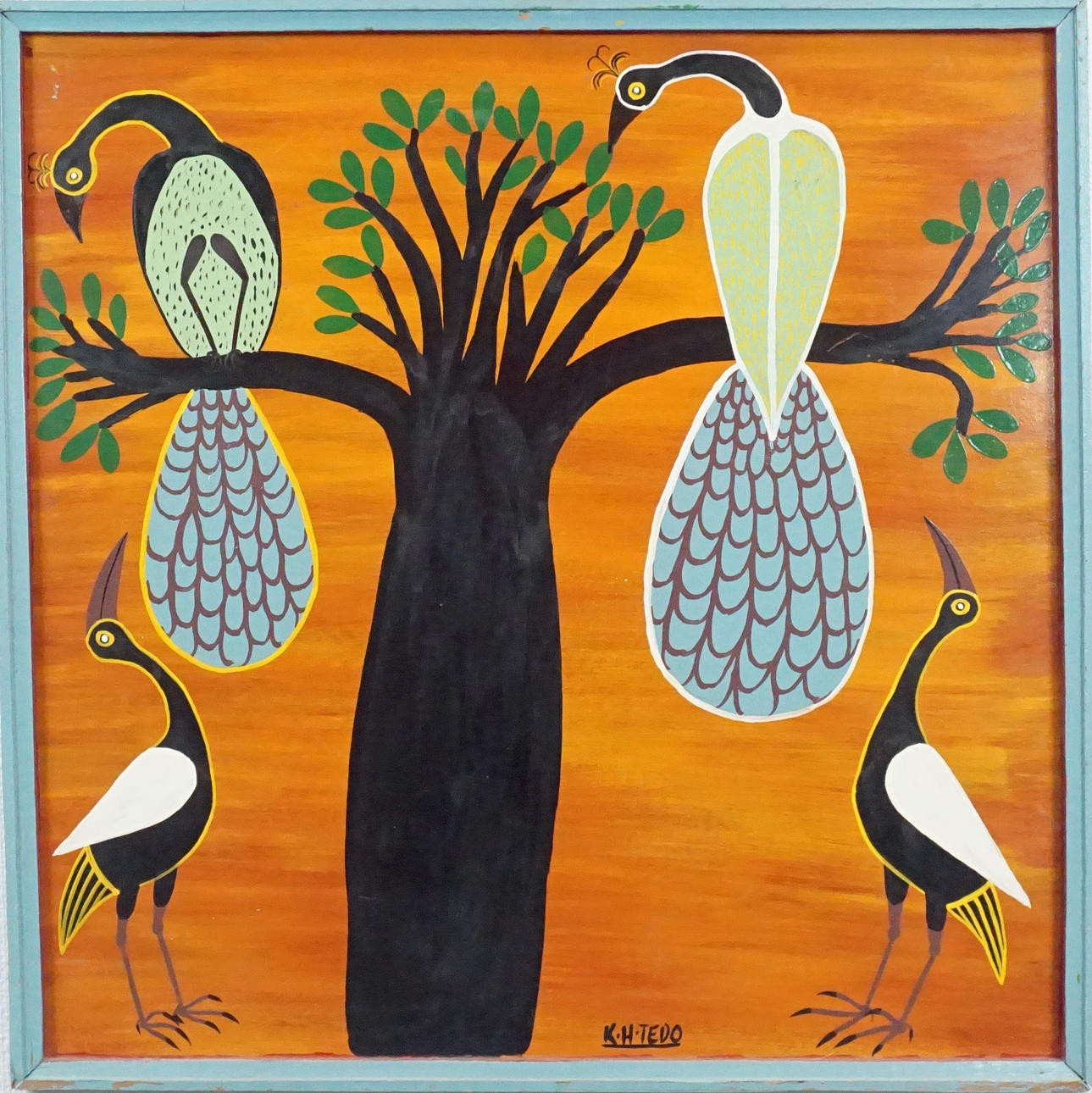 KASPAR HENRICK TEDO (1921-1981), bicycle lacquer on masonite, so-called Tingatinga painting, Peacocks in trees, signed K. H. Tedo, c. 1970s.