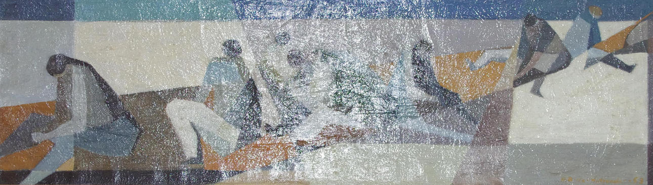 OIDENTIFIERAD KONSTNÄR. Kubistisk komposition med människor, olja på duk, otydligt signerad.