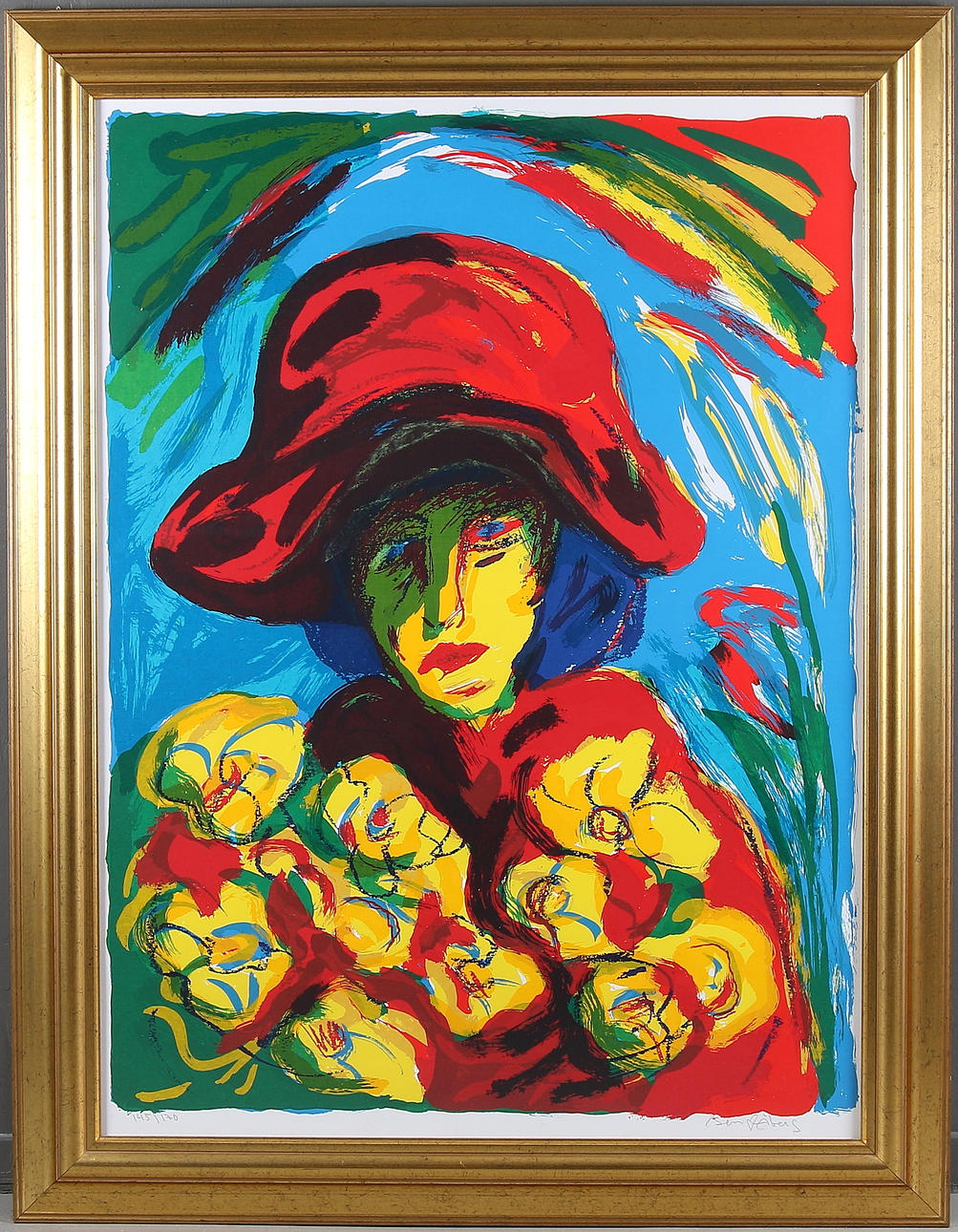 BENGT ÅBERG. Kvinna med blommor, färglitografi, Signerad och numrerad 145/170.