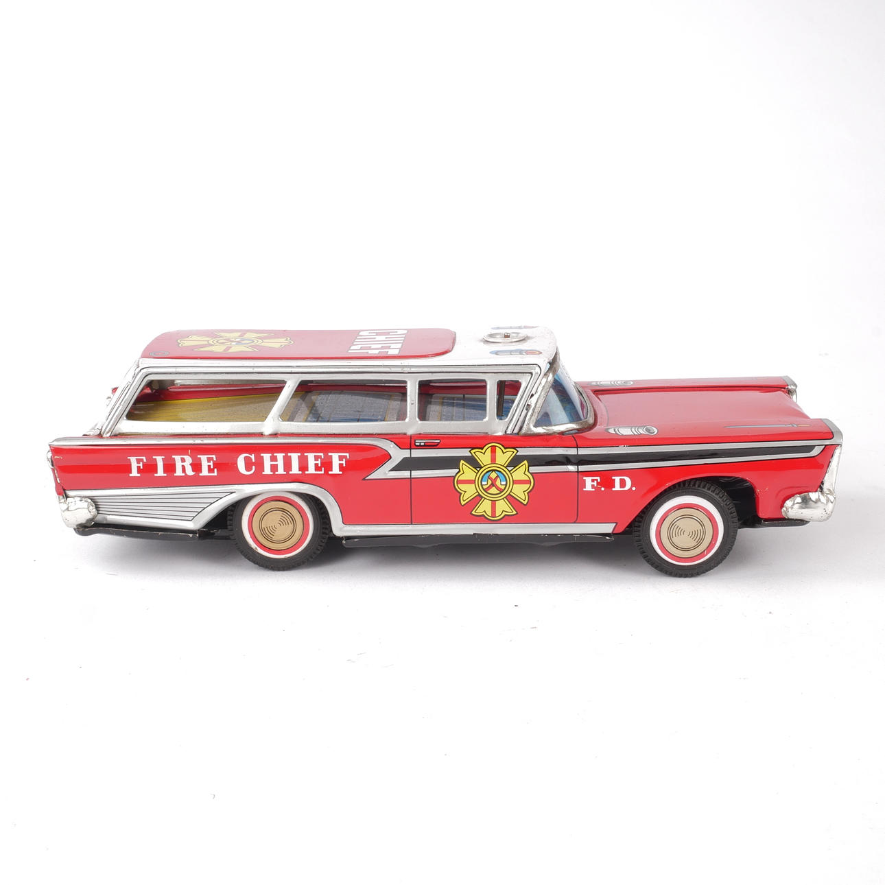 TAIYO. Metal car “Fire Chief Car”, original cardboard box, Japan
