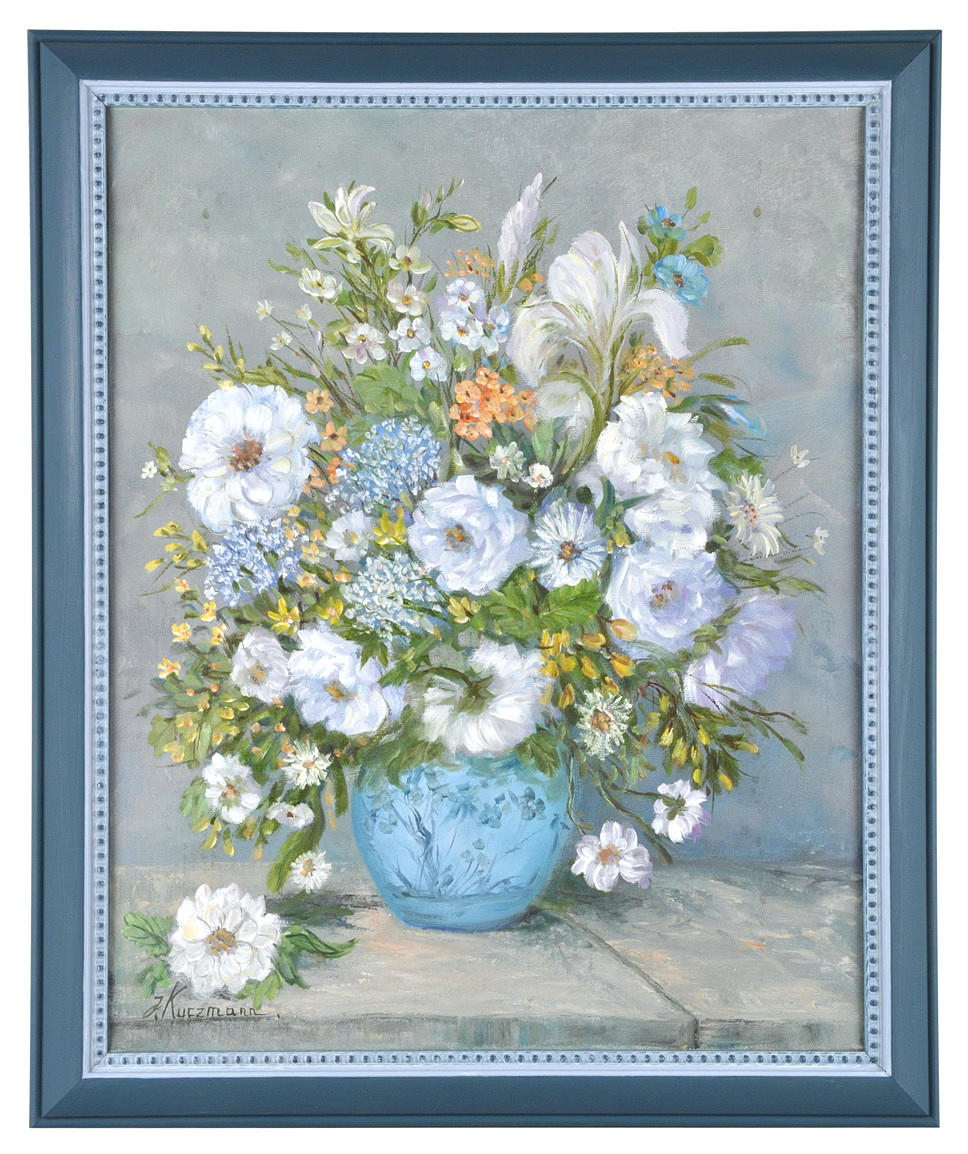 SIGNIERT J. KURZMANN. Stilleben i shabby stil/lantlig stil inramad.