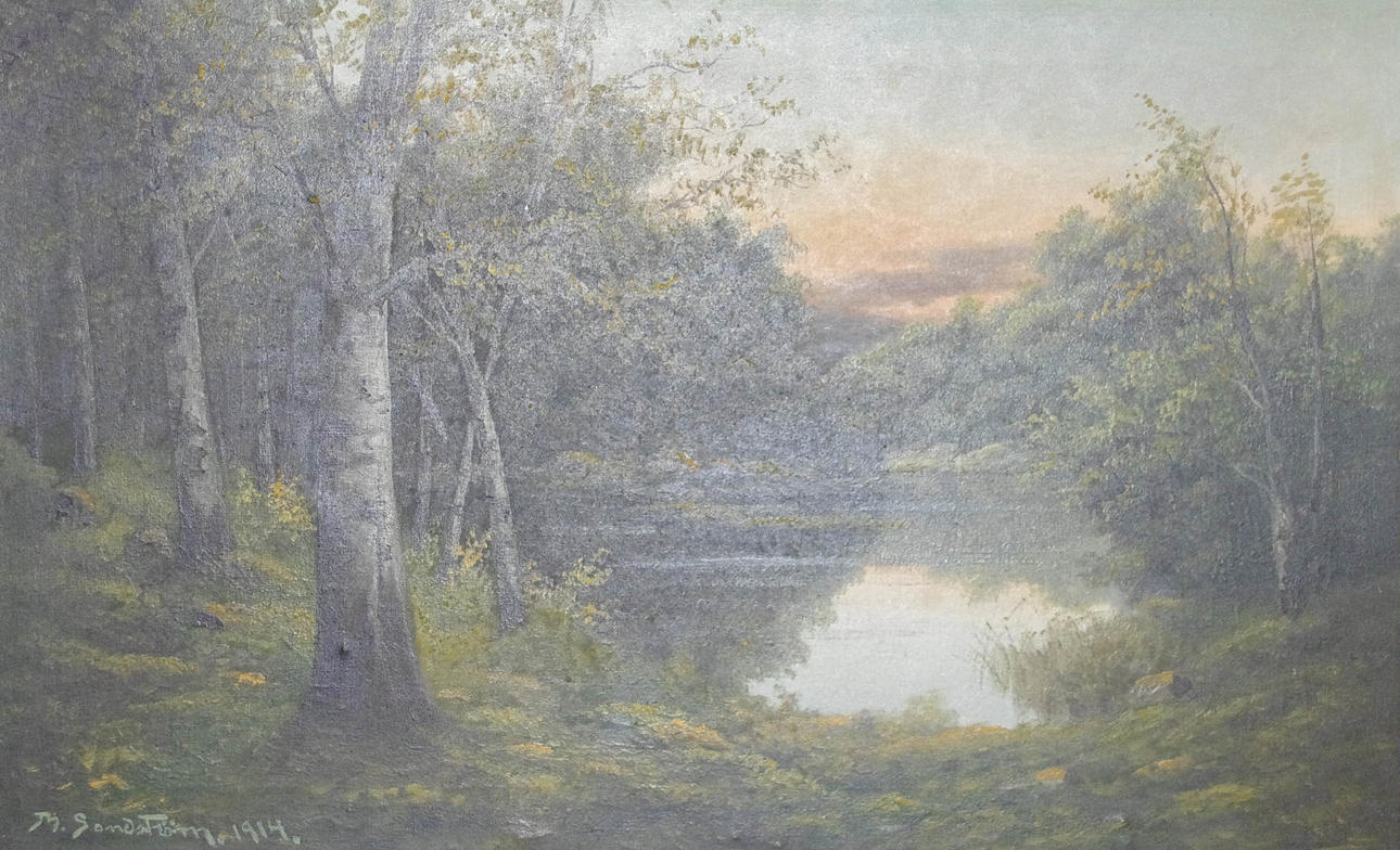 THERESIA SANDSTRÖM. Skogslandskap med sjö, olja på duk, signerad 1914.