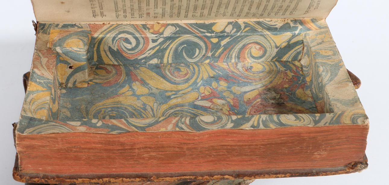 A SET OF FOUR 18TH CENTURY JOINED LEATHER BOUND ‘BOOKS’, WITH SECRET