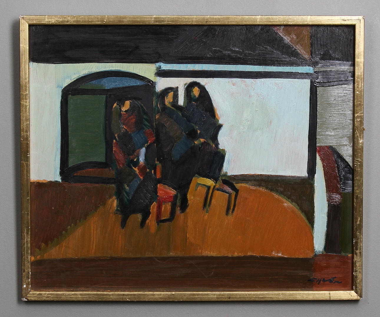 ERIC ELFWÉN. Interiör med kvinnor. Olja Pannå.Sign.