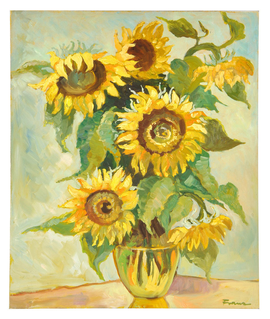 SIGNIERT FRANZ. Stilleben. Blommande solrosor.
