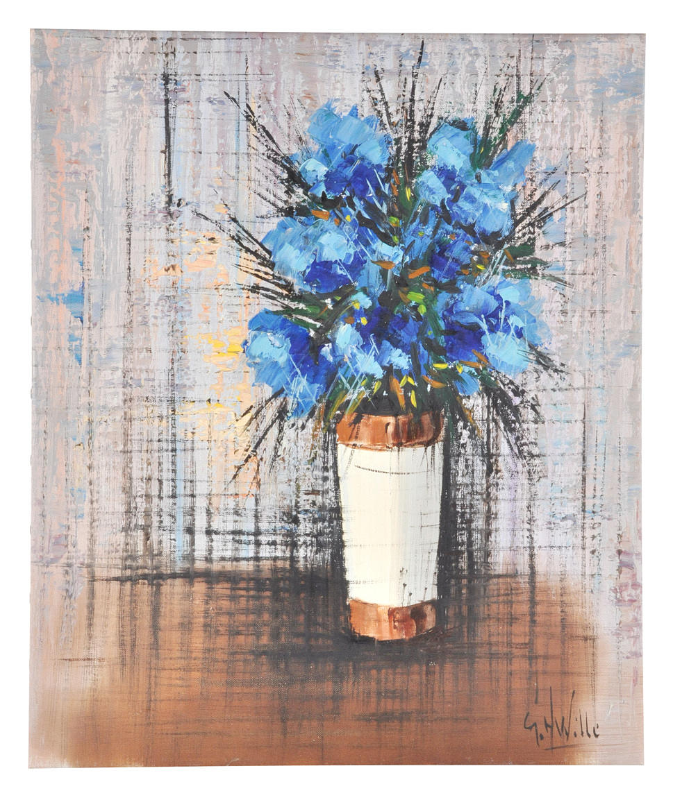 SIGNIERT G. H. WILLE. Stilleben, blå blommor i vas. Samtida expressionism.