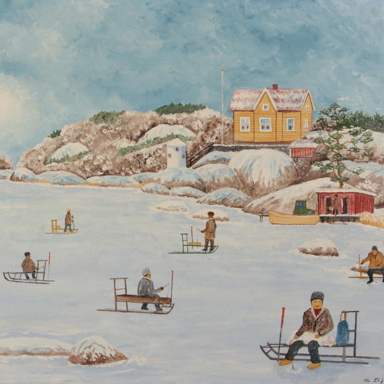 CURT SJÖBERG. Olja på duk, "Vinterfiske vid Julafton", signerad samt daterad -83.