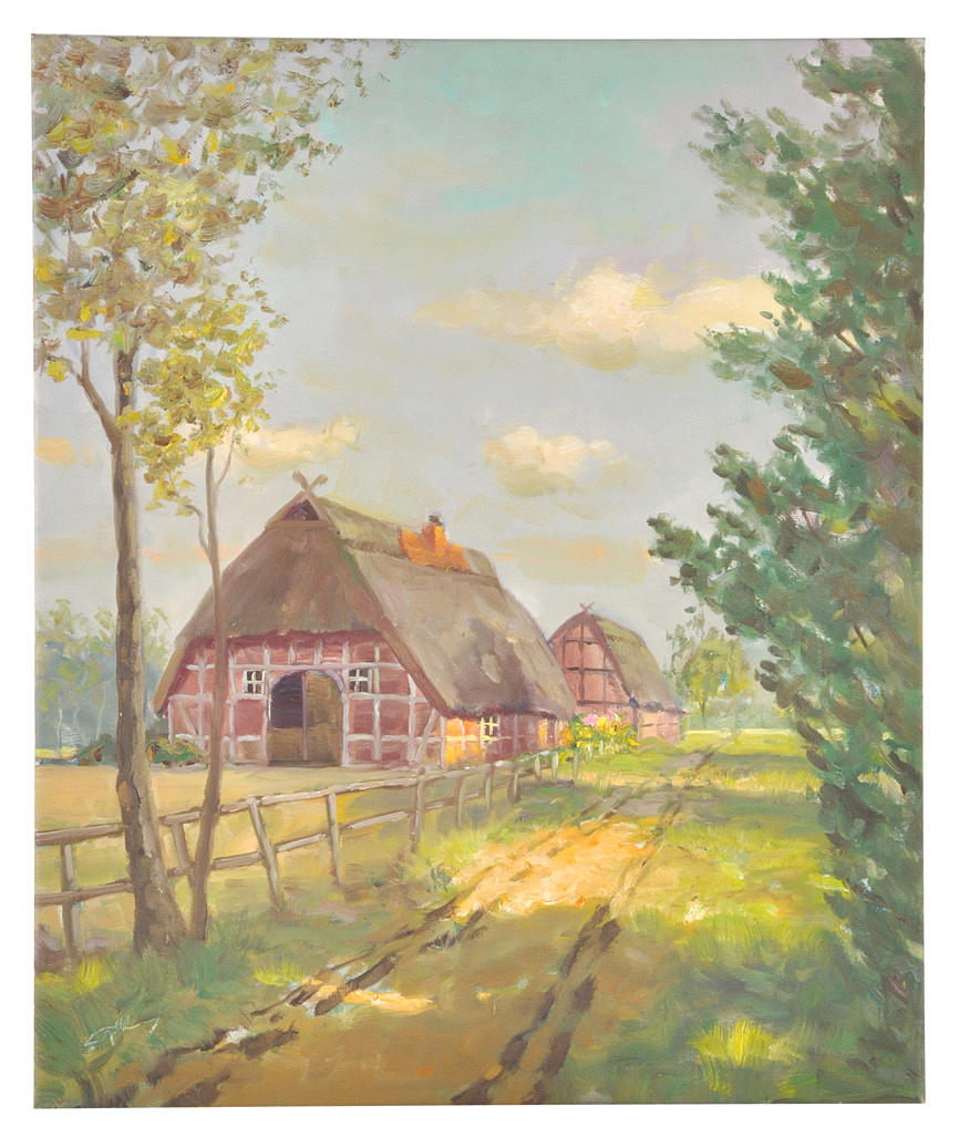 SIGNIERT. oljemålning. Thatched gård gård.
