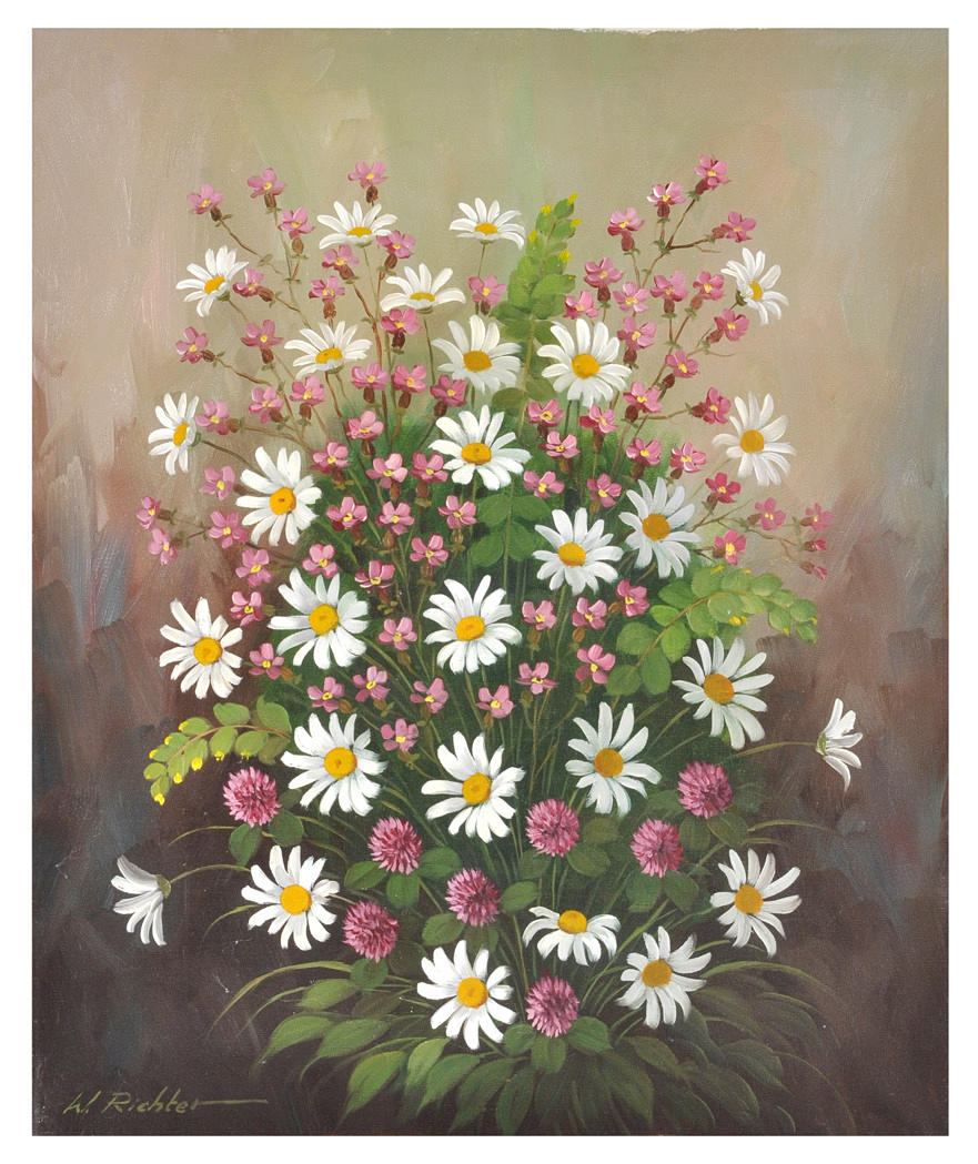 SIGNIERT W. RICHTER. Stilleben. Blommande tusenskönor med rosa blommor.