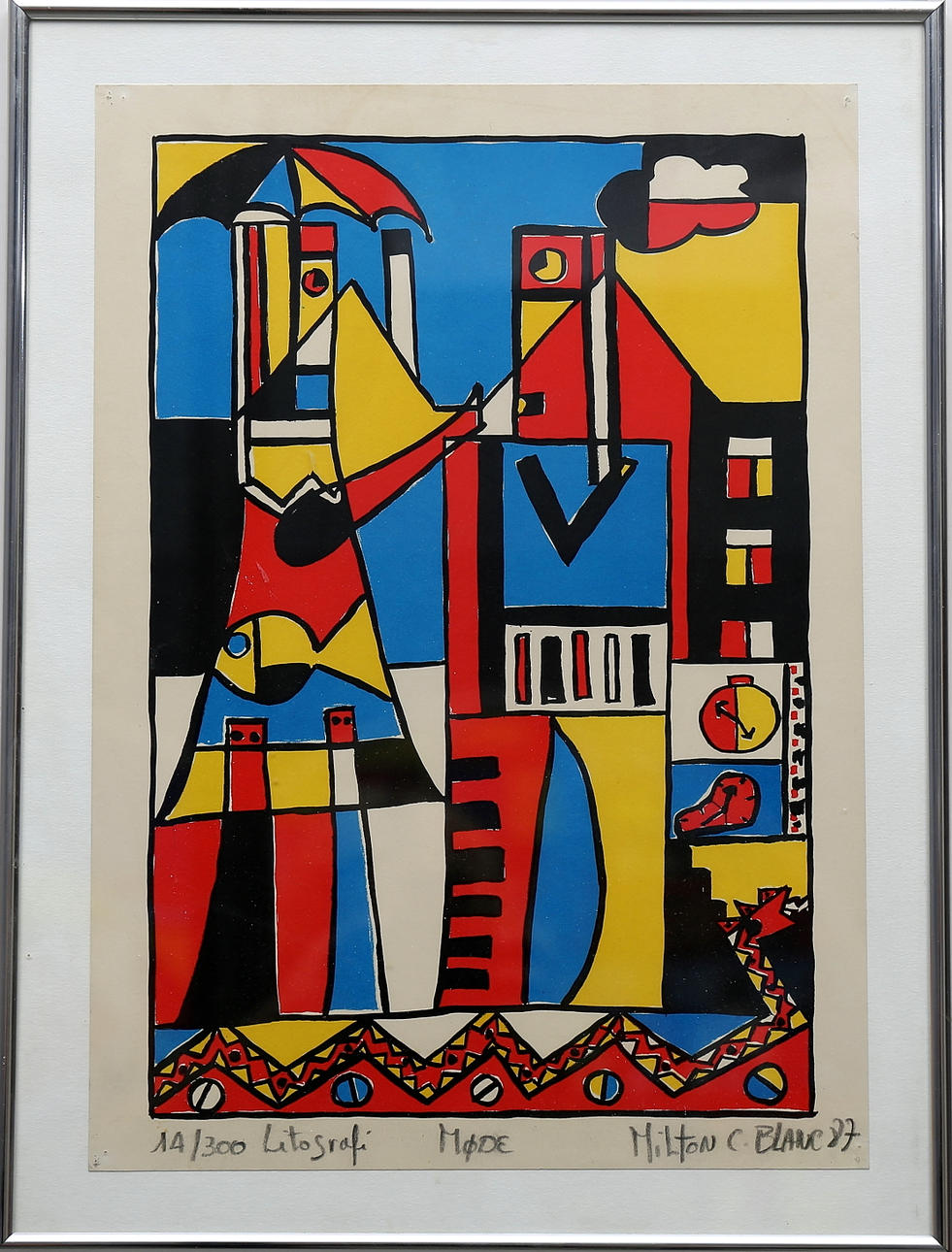 MILTON CHARUTTI BLANC. Färglitografi 'Møde', signerat Milton C Blanc 87.