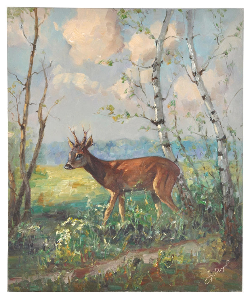 SIGNIERT GOLDER. Fawn i en glänta framför björkträd.