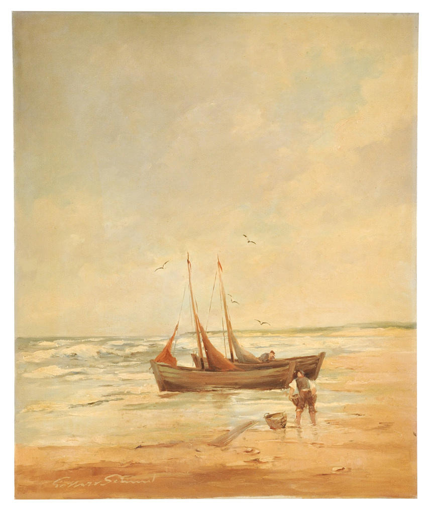 SIGNIERT TOMAR SCHMIT O. Ä. Fiskare med plattbåtar som fångar fångsten.