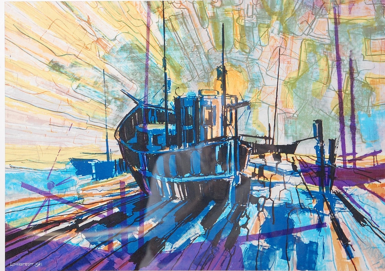 ROLF LINDSTEDT. färglitografi, " Båtar " signerad, numrerad 41/100, daterad 1981.