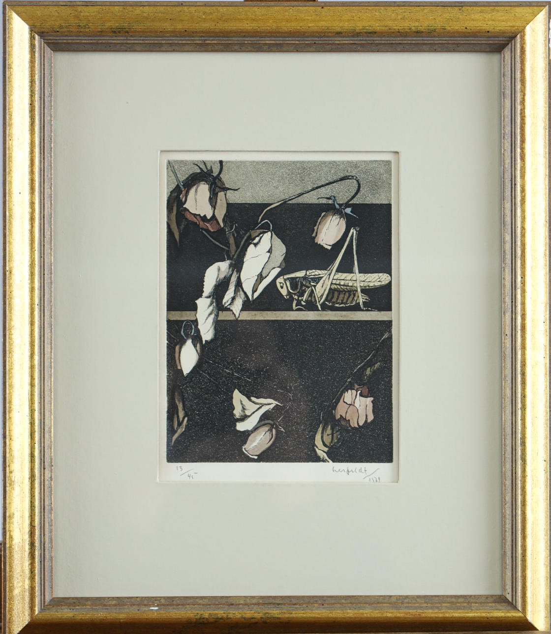 HANS HENRIK LERFELDT (1946-1989). Composition with flowers and grasshopper, lithograph.