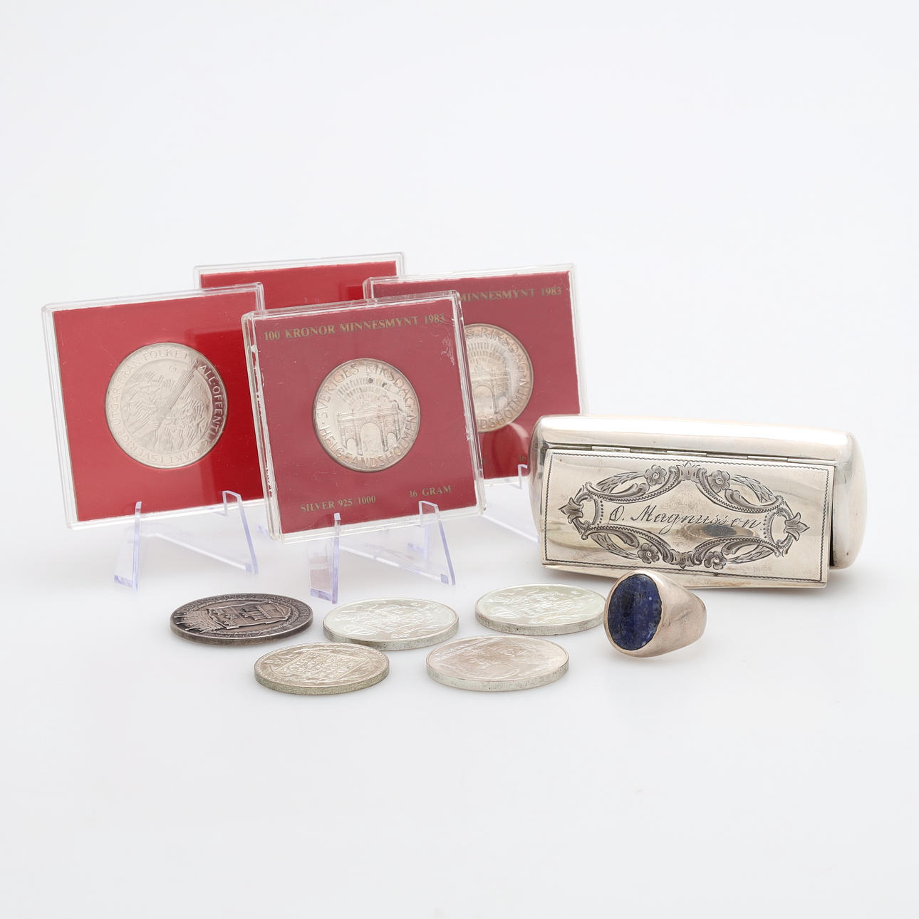 MØNT, ÆSKE, RING, sølv, totalvægt 315 gram.