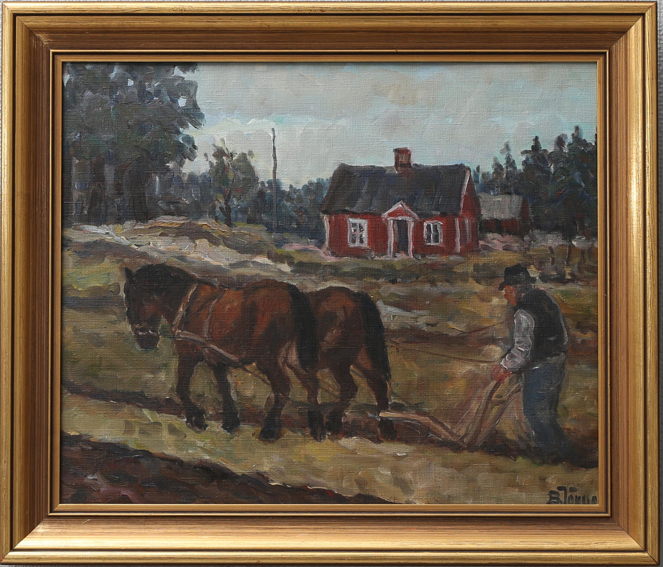BROR JÖNSSON. Bonde med hästar. Olja på duk, signerad.