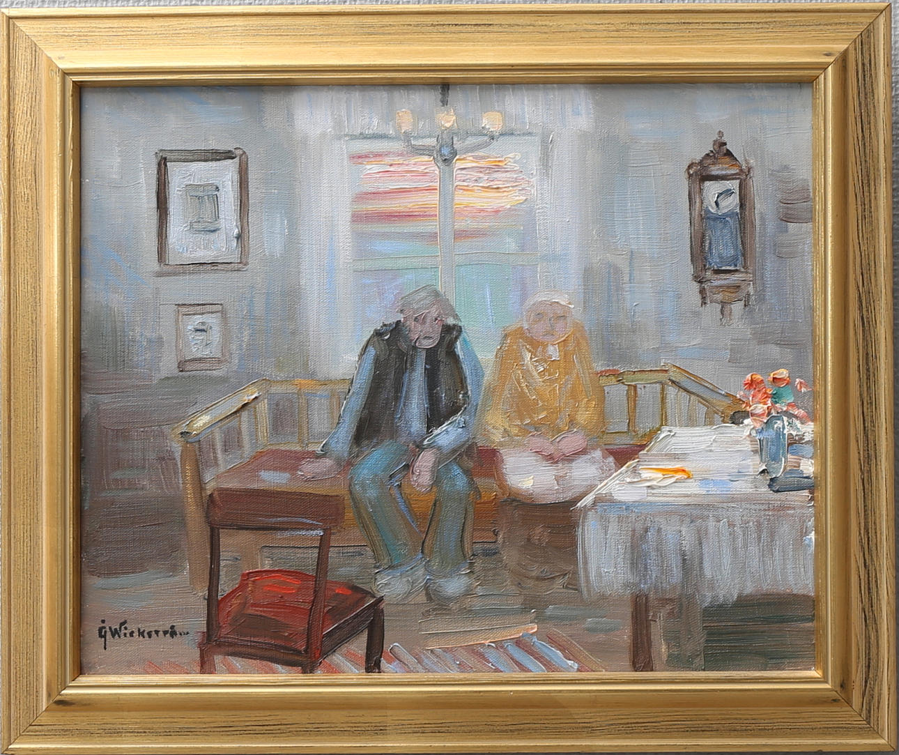 ÅKE WICKSTRÖM. Interiör med figurer. Olja på duk, signerad.