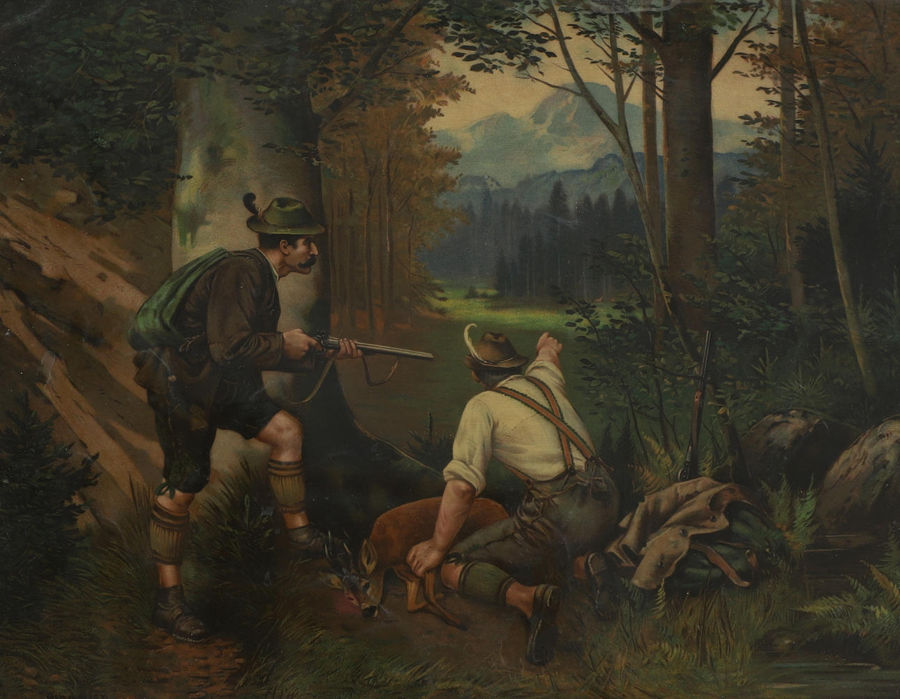 ÄLTERER DRUCK, „Wilderer bei der Arbeit“, Jagdszene.