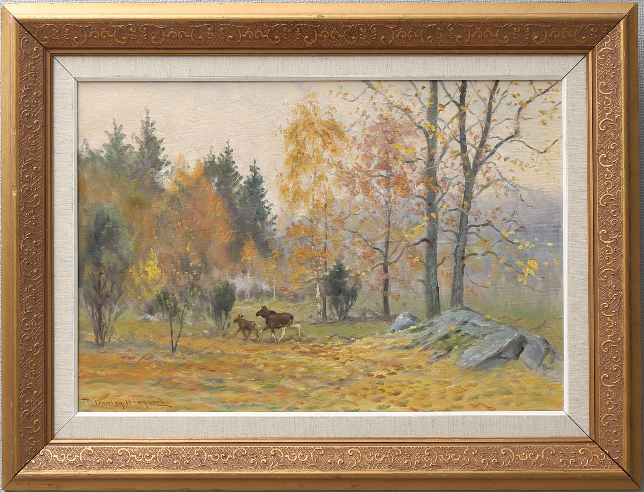 HENNING HOUGAARD. Älgar. Olja på duk, signerad.