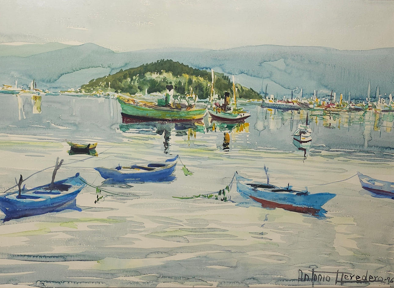 ANTONIO HEREDERO. ACUARELA. "BARCAS", 76.