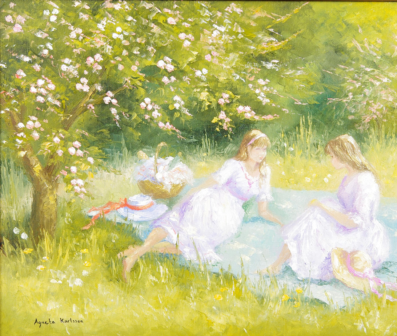 AGNETA KARLSSON. Picknick, olja på duk, signerad.