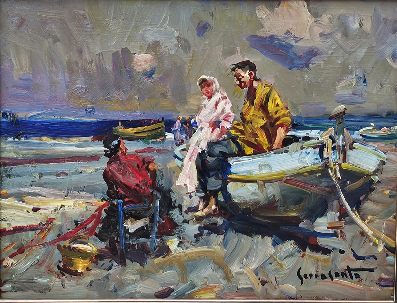 JOSEP SERRASANTA. ÓLEO TABLEX. EN LA PLAYA.