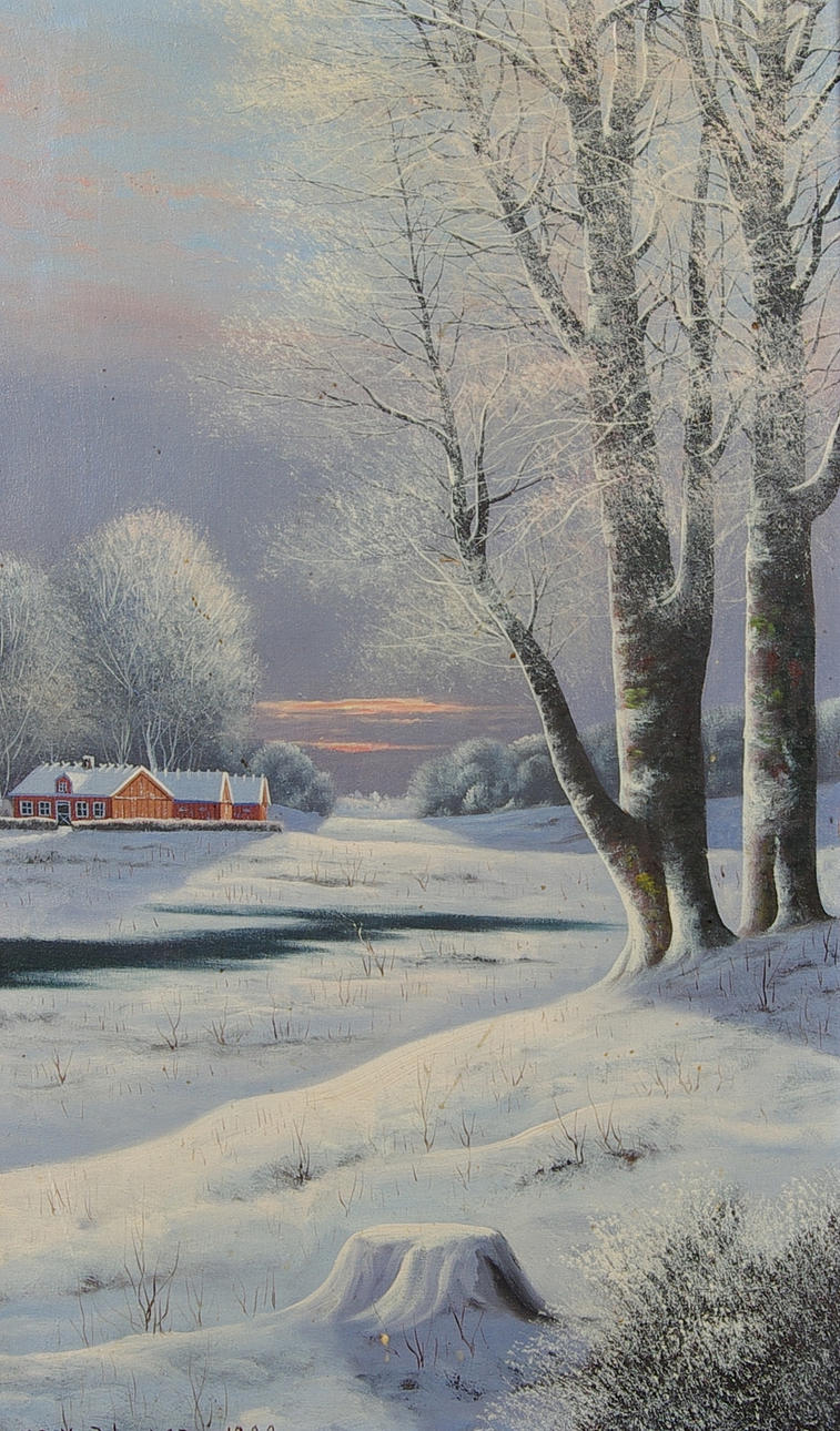 OIDENTIFIERAD KONSTNÄR. Vinterlandskap med gård, olja på duk, signerad K.E. Vahlgren 1909.