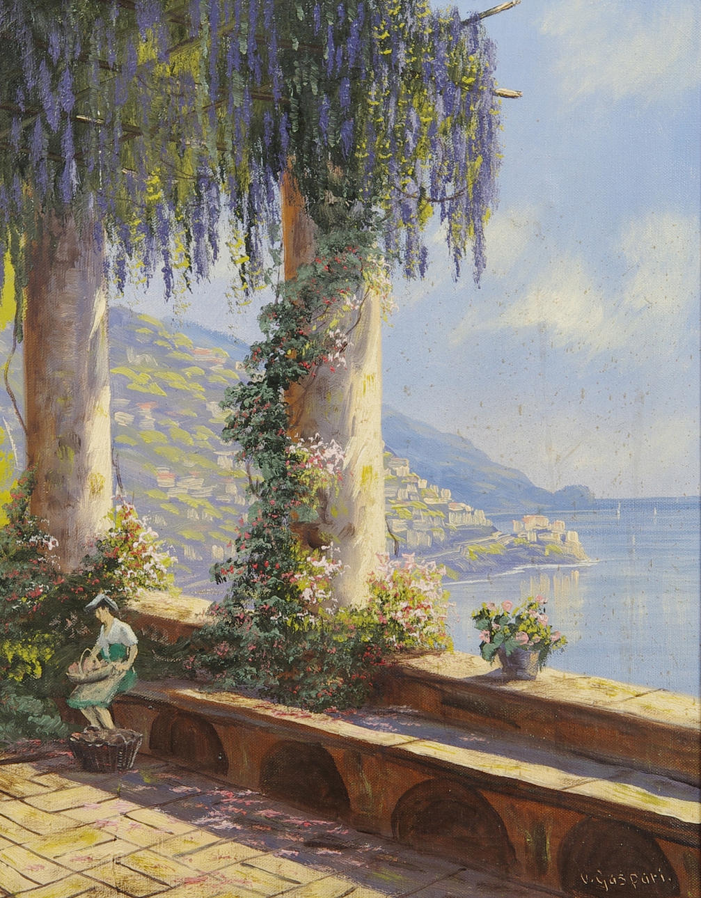 OIDENTIFIERAD KONSTNÄR. Medelhavsmotiv, olja på duk, signerad V. Gaspari.