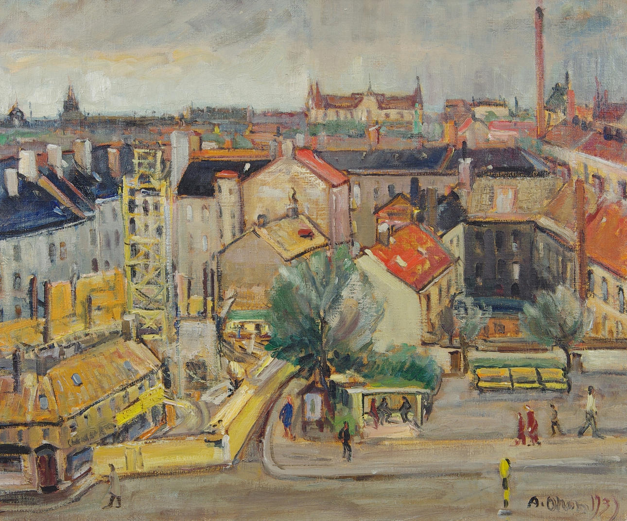 OIDENTIFIERAD KONSTNÄR. Stadsbild, olja på duk, signerad A. Olsson.