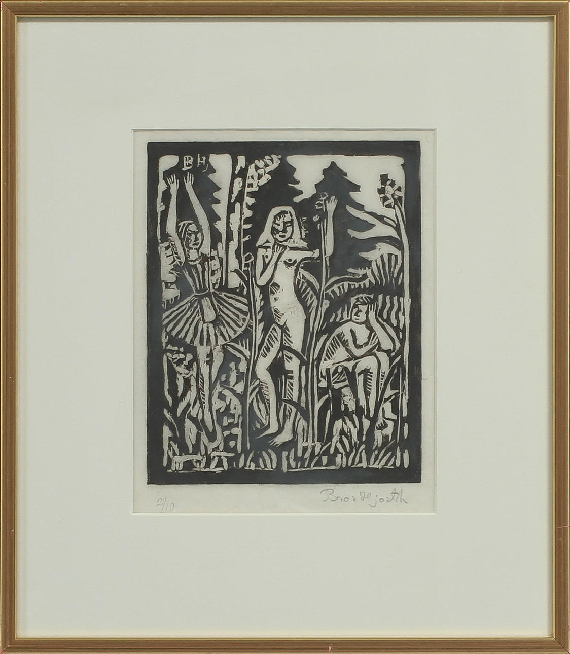 BROR HJORTH. Figurkomposition, träsnitt, signerad och numrerad 2/10.