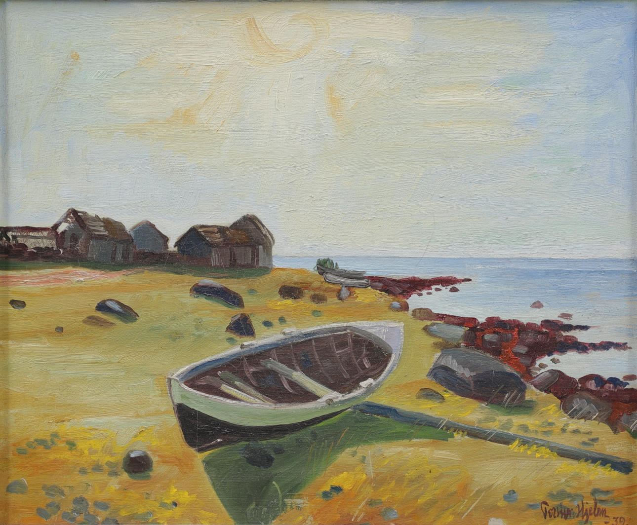 TORSTEN HJELM. Boat on land, oil on panel, signed and dated -39.