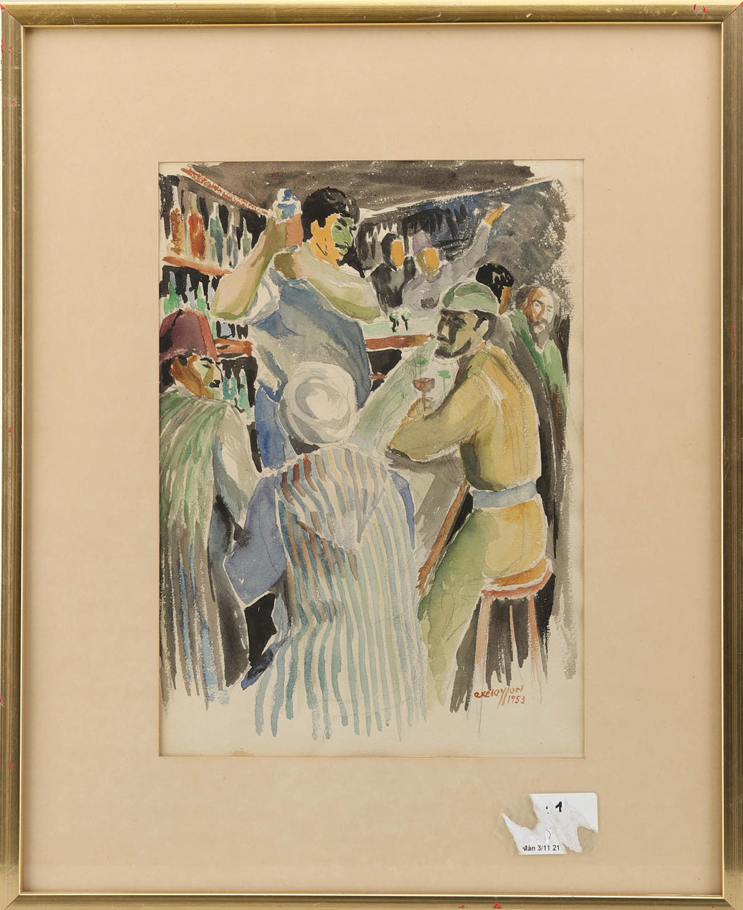 AXEL OLSSON. Escena de bar, acuarela, firmada.