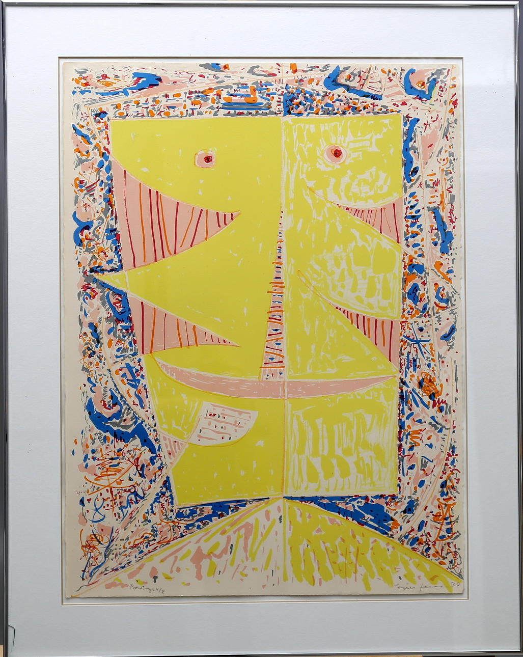 EGILL JACOBSEN. Färglitografi, komposition i gult, signerad, numrerad provtryck 5/8 samt daterad 77.