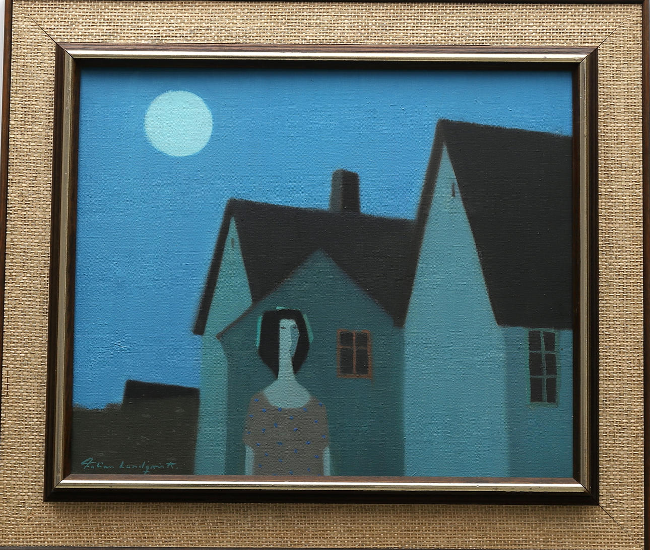 FABIAN LUNDQVIST. Olja på duk, kvinna vid hus, signerad.