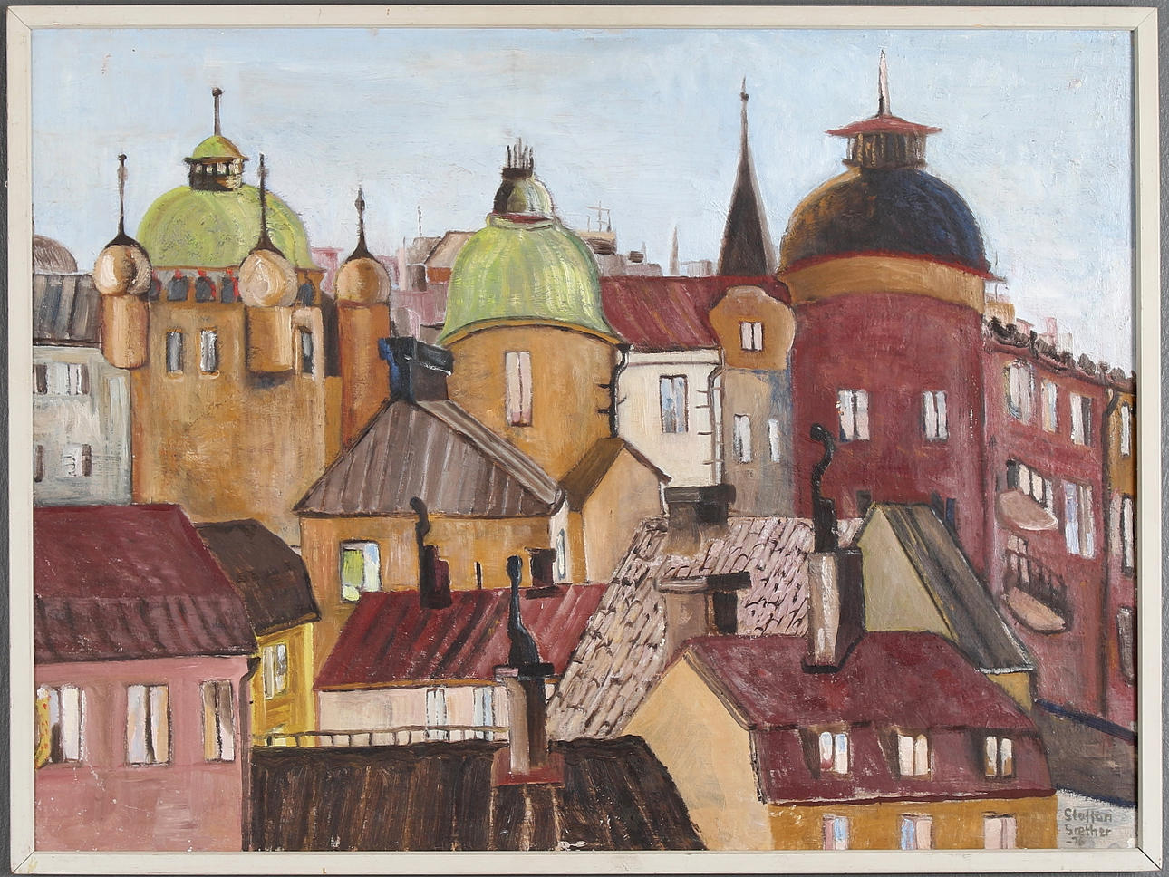 STAFFAN SAETHER. "Söder, Stockholm", olja på pannå. Signerad och daterad -76.